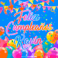 A vibrant animated GIF with 'Feliz Cumpleaños Kavin' written in colorful script, surrounded by balloons, confetti, and bunting on a bright blue background.