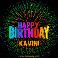 A colorful animated GIF featuring the text 'Happy Birthday Kavin!' in rainbow colors with a dynamic iridescent firework display in the background.