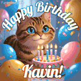 A playful tabby cat sits behind a colorful birthday cake surrounded by balloons and confetti, with 'Happy Birthday Kavin!' written above in festive letters.