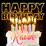 A vibrant animated GIF featuring a delicious birthday cake topped with glowing candles and the name 'Kavin' in elegant script, and the words 'Happy Birthday' on the black background.