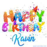 Animated GIF with colorful, festive 'Happy Birthday Kavin' text decorated with patterns, a party hat, and falling confetti. A vibrant and cheerful design for birthday celebrations.