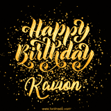 Animated GIF with colorful, festive 'Happy Birthday Kavion' text decorated with patterns, a party hat, and falling confetti. A vibrant and cheerful design for birthday celebrations.