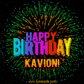A colorful animated GIF featuring the text 'Happy Birthday Kavion!' in rainbow colors with a dynamic iridescent firework display in the background.