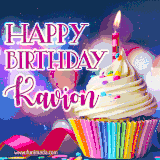 A festive animated GIF featuring a colorful cupcake with a single lit candle, sprinkles, and 'Happy Birthday Kavion' text against a sparkling, celebratory background.