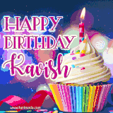 A festive animated GIF featuring a colorful cupcake with a single lit candle, sprinkles, and 'Happy Birthday Kavish' text against a sparkling, celebratory background.