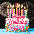Amazing Animated GIF Image for Kavish with Birthday Cake and Fireworks