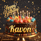A personalized birthday greeting card with a chocolate cake, bright icing swirls, and flickering candles on a gold platter and name Kavon