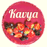 Beautifully decorated red velvet berry birthday cake with vibrant fruits and a glowing 'Kavya' name, adding a touch of sweetness and sparkle.
