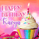 A vibrant birthday GIF featuring a rainbow-colored cupcake topped with white frosting, sprinkles, and a lit candle. The text reads 'Happy Birthday Kavya' in bold pink and violet letters with white outline.
