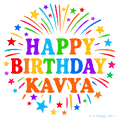 Happy Birthday Kavya' GIF with rainbow-colored letters, colorful stars, and fireworks on white background.