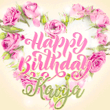 A stunning heart made of pink roses surrounds the elegant script text 'Happy Birthday Kavya' on a soft beige background. Animated sparkles add a magical and festive feel.