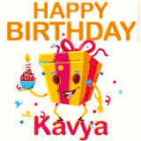 A vibrant and funny gift box character with a happy face dancing with a cupcake and the text 'Happy Birthday Kavya,' surrounded by animated confetti and party vibes.