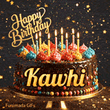 Happy Birthday Kawhi animated GIF featuring a chocolate drip cake with colorful frosting dollops and glowing candles.