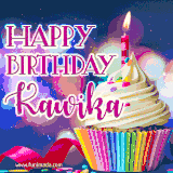 A festive animated GIF featuring a colorful cupcake with a single lit candle, sprinkles, and 'Happy Birthday Kawika' text against a sparkling, celebratory background.