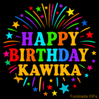 Vibrant animated GIF with 'Happy Birthday Kawika' in rainbow-colored text, surrounded by colorful stars and fireworks on a black background.