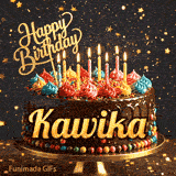 A chocolate frosted birthday cake on a gold stand with lit candles and the name Kawika in bold yellow letters.