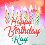 Bright birthday candles with rainbow flames on a cake, alongside the text 'Happy Birthday Kay' in vibrant script in this celebratory animated GIF.