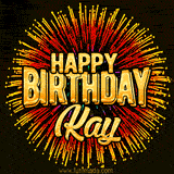 Golden 'Happy Birthday Kay' text accompanied by animated rainbow fireworks for a festive animated greeting.