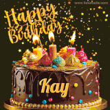 A delightful chocolate birthday cake with bright candles and 'Happy Birthday Kay' written in gold amidst a shower of animated stars.