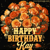 Animated bouquet of orange roses with moving butterfles and golden 'Happy Birthday Kay' text, surrounded by sparkling accents and a dark backdrop for a luxurious feel.