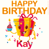A vibrant and funny gift box character with a happy face dancing with a cupcake and the text 'Happy Birthday Kay,' surrounded by animated confetti and party vibes.