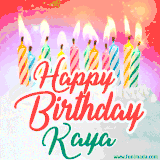 Bright birthday candles with rainbow flames on a cake, alongside the text 'Happy Birthday Kaya' in vibrant script in this celebratory animated GIF.