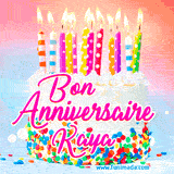 A white birthday cake covered in colorful sprinkles, topped with bright candles, and French text 'Bon Anniversaire Kaya' on a pastel gradient background in an animated GIF.