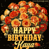 Animated bouquet of orange roses with moving butterfles and golden 'Happy Birthday Kaya' text, surrounded by sparkling accents and a dark backdrop for a luxurious feel.