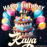Bright birthday animation for Kaya with a chocolate cake, candles, balloons, and glowing celebratory lights.