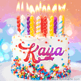 A cheerful white birthday cake with multicolor sprinkles, lit candles, and 'Kaya' written in vibrant letters, in an animated GIF.