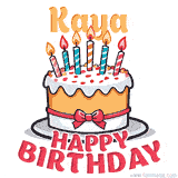 Cartoon birthday cake with a red bow, glowing candles, and 'Kaya Happy Birthday' text in bold animated style.