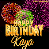 A golden 'Happy Birthday Kaya' message with vibrant fireworks in the background, creating a festive and celebratory vibe in this animated name GIF.