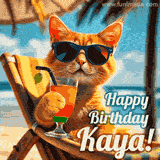 An animated orange cat wearing sunglasses, sitting on a beach chair with a tropical drink, with a festive 'Happy Birthday Kaya!' message.