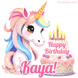An adorable animated unicorn with soft pastel colors sits beside a birthday cake with glowing candles, and a pink 'Happy Birthday Kaya!' words.