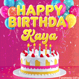 Pink-themed animated greeting with balloons, confetti, and a frosted cake under the message 'Happy Birthday Kaya' in bold rounded yellow font.