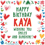 A colorful animated card for Kaya’s birthday featuring playful hearts, cheerful flowers, and a handwritten message wishing smiles and sunshine.
