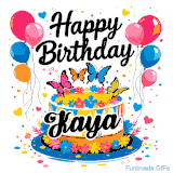 An animated birthday card for Kaya. It features a festive cake with her name, 'Kaya', and colorful butterflies. Floating balloons and hearts complete the joyful scene.