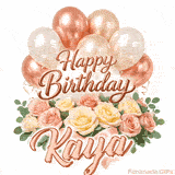 A bouquet of pastel roses and green leaves with Happy Birthday Kaya animation