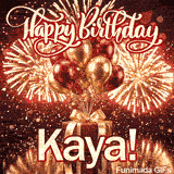 Happy Birthday text in elegant cursive script above shiny balloons and a red wrapped present with the name Kaya