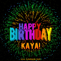 A colorful animated GIF featuring the text 'Happy Birthday Kaya!' in rainbow colors with a dynamic iridescent firework display in the background.