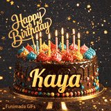 Kaya's personalized birthday ecard showing a rich chocolate cake decorated with multicolored swirls under sparkling gold stars.