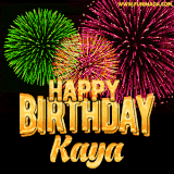 A captivating GIF with bursts of green, pink, and orange fireworks lighting up the night sky, accompanied by 'Happy Birthday Kaya' in glowing golden text.