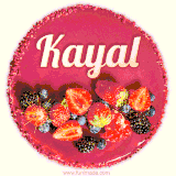 Beautifully decorated red velvet berry birthday cake with vibrant fruits and a glowing 'Kayal' name, adding a touch of sweetness and sparkle.