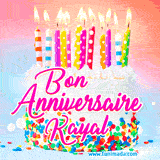A white birthday cake covered in colorful sprinkles, topped with bright candles, and French text 'Bon Anniversaire Kayal' on a pastel gradient background in an animated GIF.