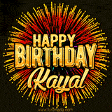 Golden 'Happy Birthday Kayal' text accompanied by animated rainbow fireworks for a festive animated greeting.