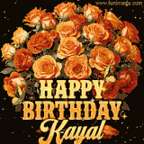 Animated bouquet of orange roses with moving butterfles and golden 'Happy Birthday Kayal' text, surrounded by sparkling accents and a dark backdrop for a luxurious feel.