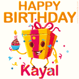 A vibrant and funny gift box character with a happy face dancing with a cupcake and the text 'Happy Birthday Kayal,' surrounded by animated confetti and party vibes.