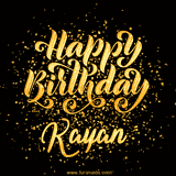 Animated GIF with colorful, festive 'Happy Birthday Kayan' text decorated with patterns, a party hat, and falling confetti. A vibrant and cheerful design for birthday celebrations.