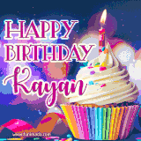 A festive animated GIF featuring a colorful cupcake with a single lit candle, sprinkles, and 'Happy Birthday Kayan' text against a sparkling, celebratory background.