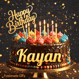 Gourmet chocolate cake with a glittering Happy Birthday sign and burning candles on a dark background and name Kayan